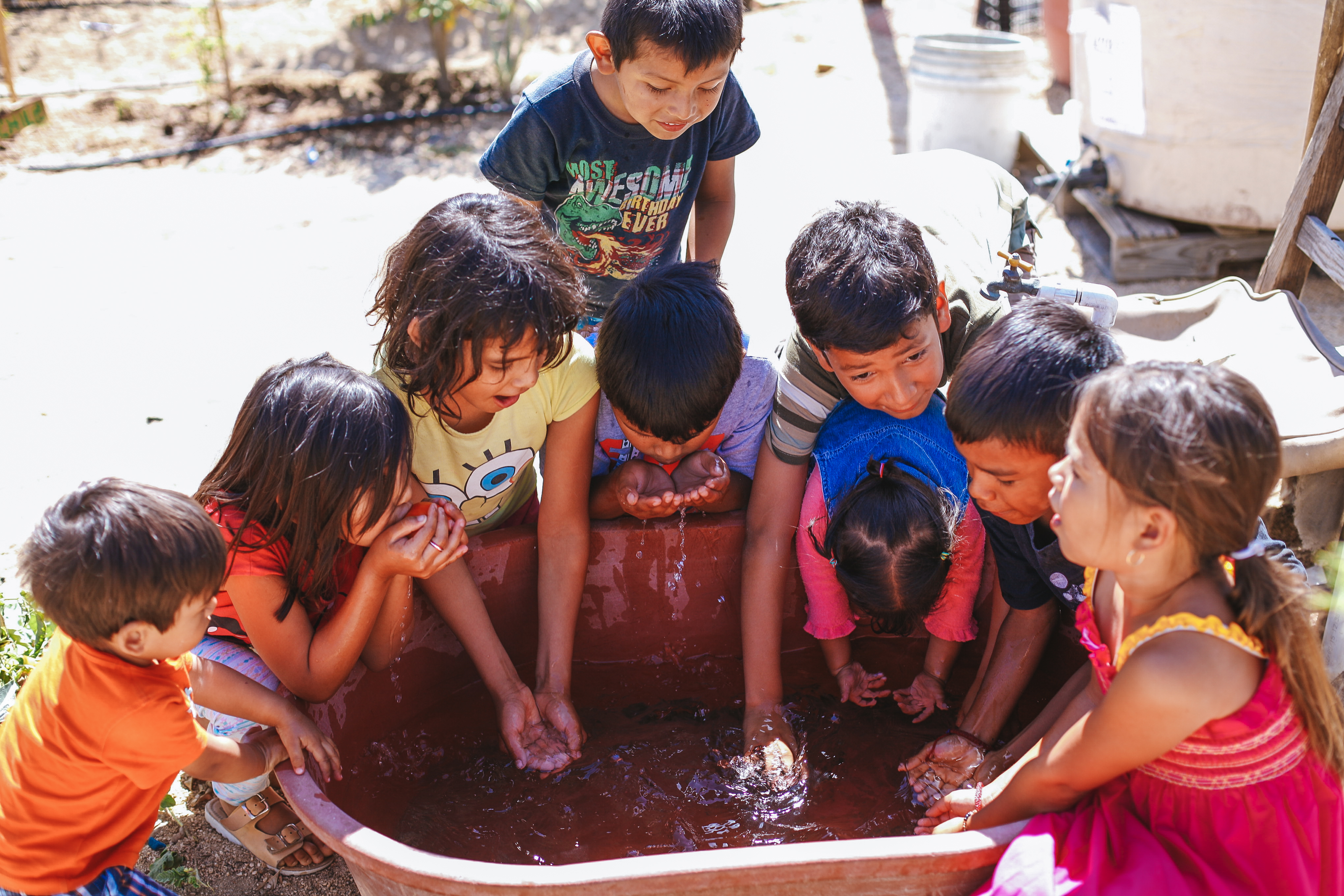 Children wash their hands in a tub full of water